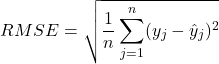 \[RMSE = \sqrt{\frac{1}{n}\sum_{j=1}^n(y_j-\hat{y}_j)^2}\]