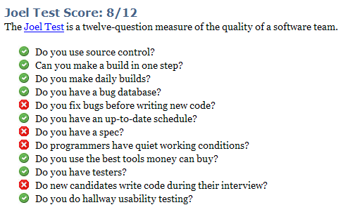 Joel test questions: Do you use source control? Can you make a build in one step? Do you make daily builds? Do you have a bug database? Do you fix bugs before writing new code? Do you have an up-to-date schedule? Do you have a spec? Do programmers have quiet working conditions? Do you use the best tools money can buy? Do you have testers? Do new candidates write code during their interview? Do you do hallway usability testing?